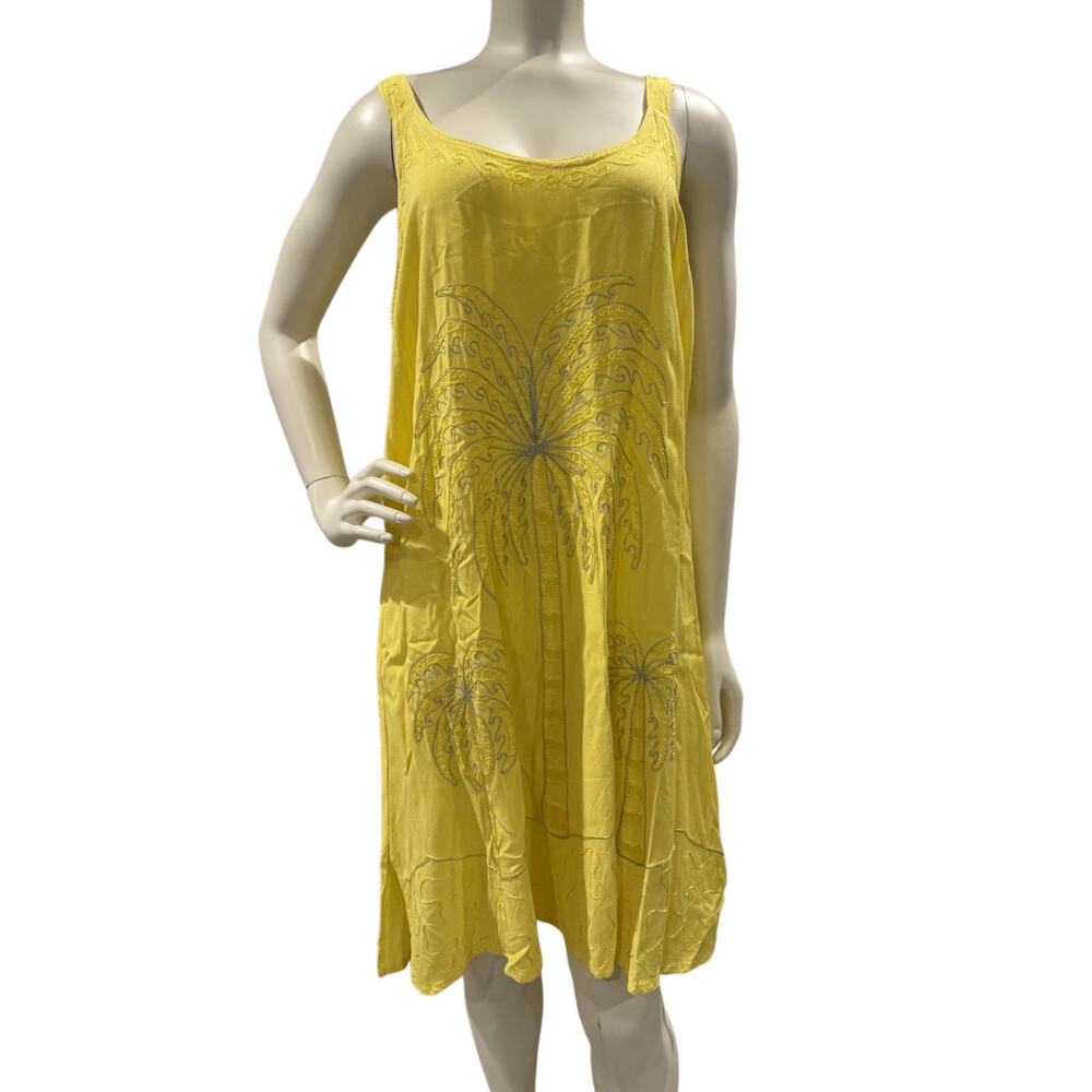 Raya Sun Dress Size 1X Sunshine Yellow Tropical Palm Tree Embroidered Boho